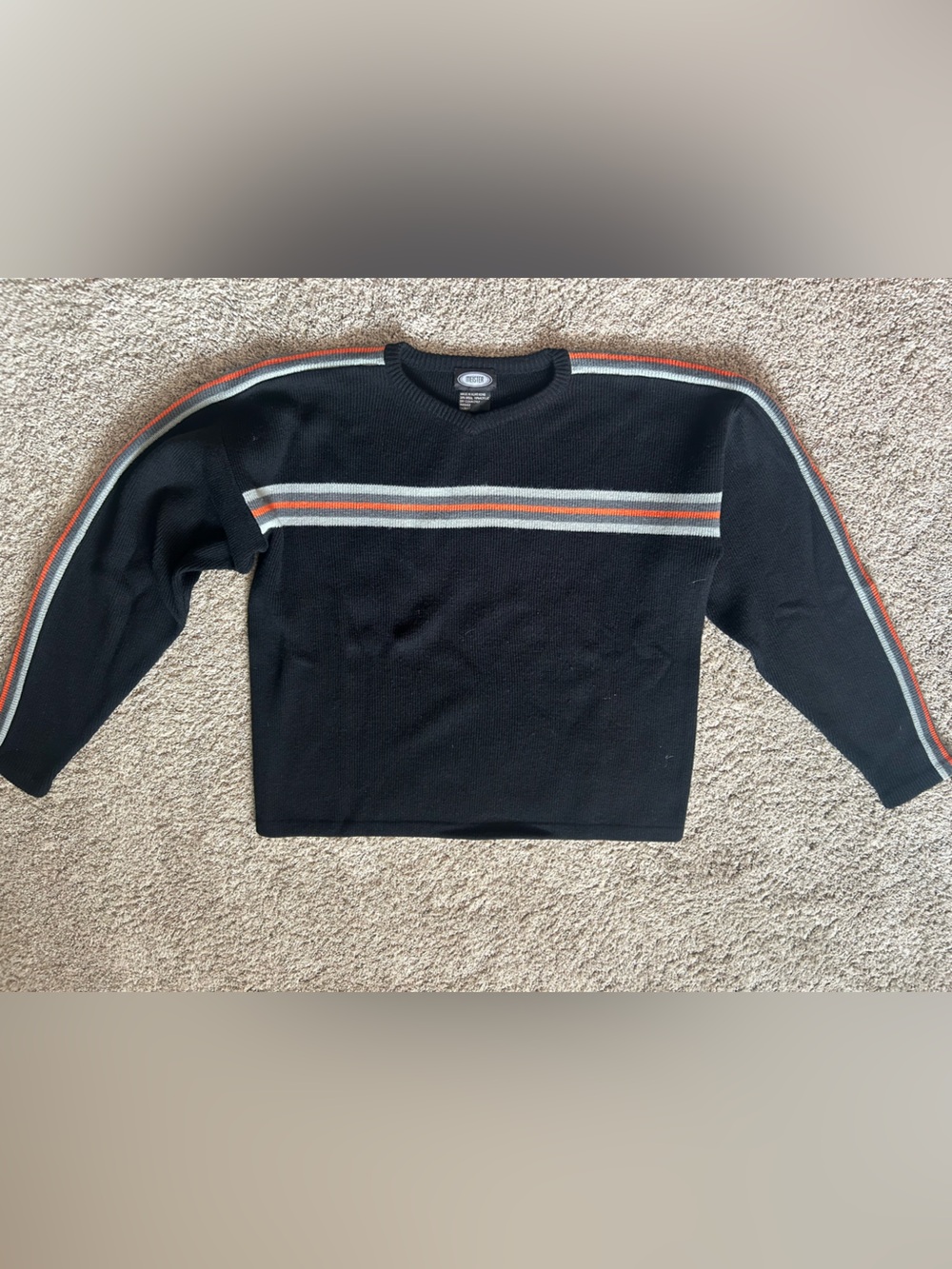 Vintage Meister Ski Sweater Black Gray Orange Striped Wool Blend Crewneck